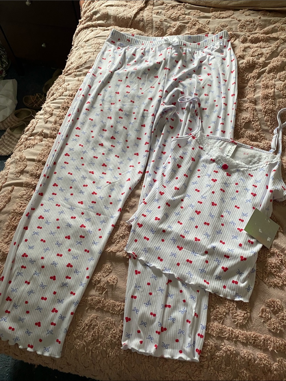 White Ribbed Pajama Set with Red Cherry & Blue Bow Print